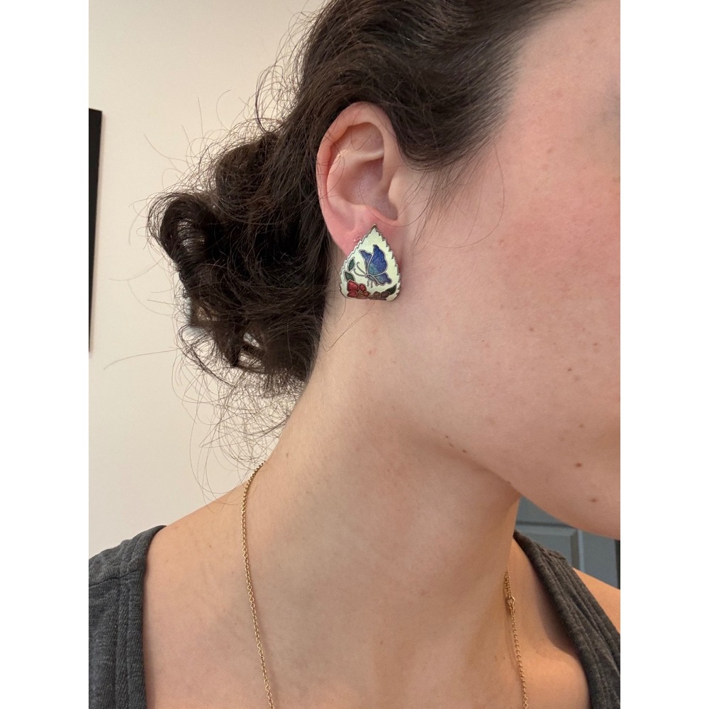 Vintage Enamel Butterfly Floral Stud Earrings Silver Teardrop Nature Jewelry - Picture 3 of 4